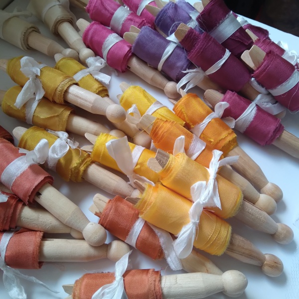 hand torn florists silk ribbons in yellows and oranges