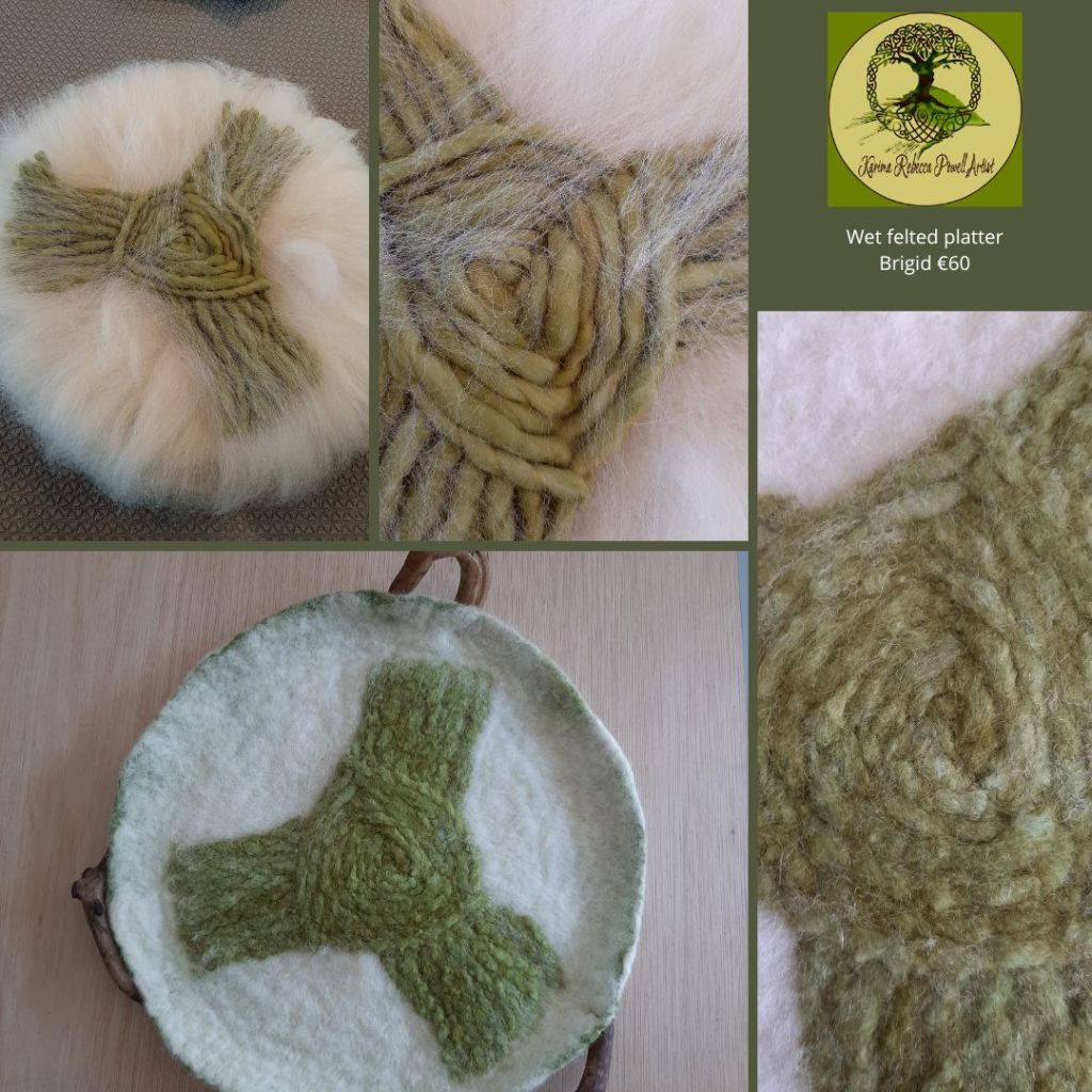wet felted platter with Brigid's cross